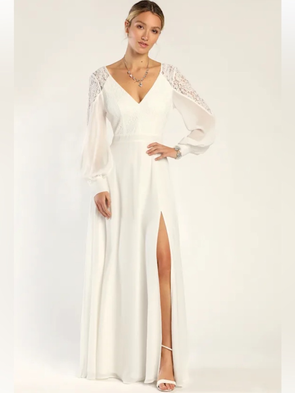 NWT Lulus Astra White Lace Long Sleeve Backless Maxi Dress